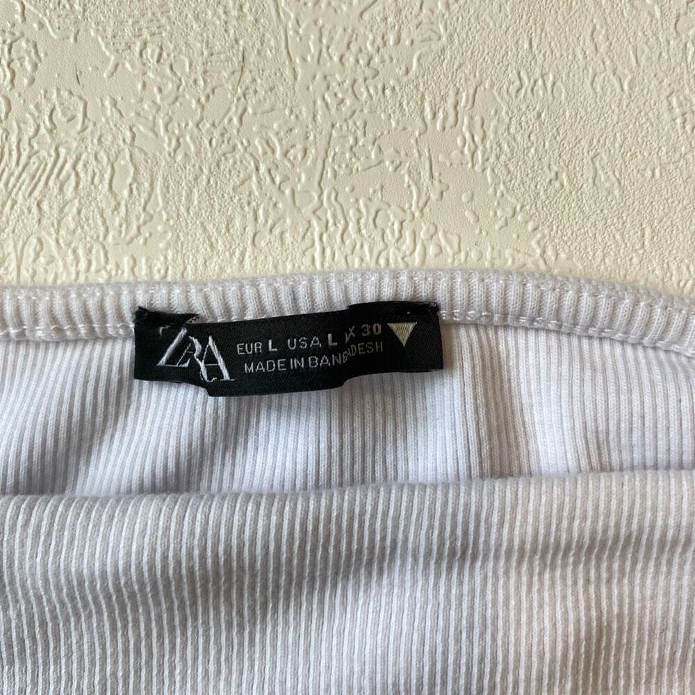 Zara White Puff Sleeve Crop Top Size L Ribbed Cottagecore - Picture 4 of 7
